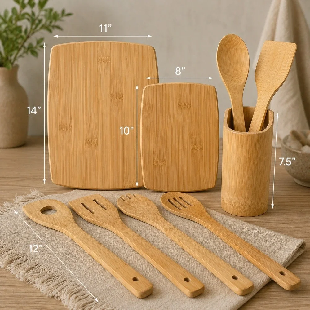 9pc Bamboo Cutting Board and Utensil Set with Holder Natural Wood Kitchen Tools